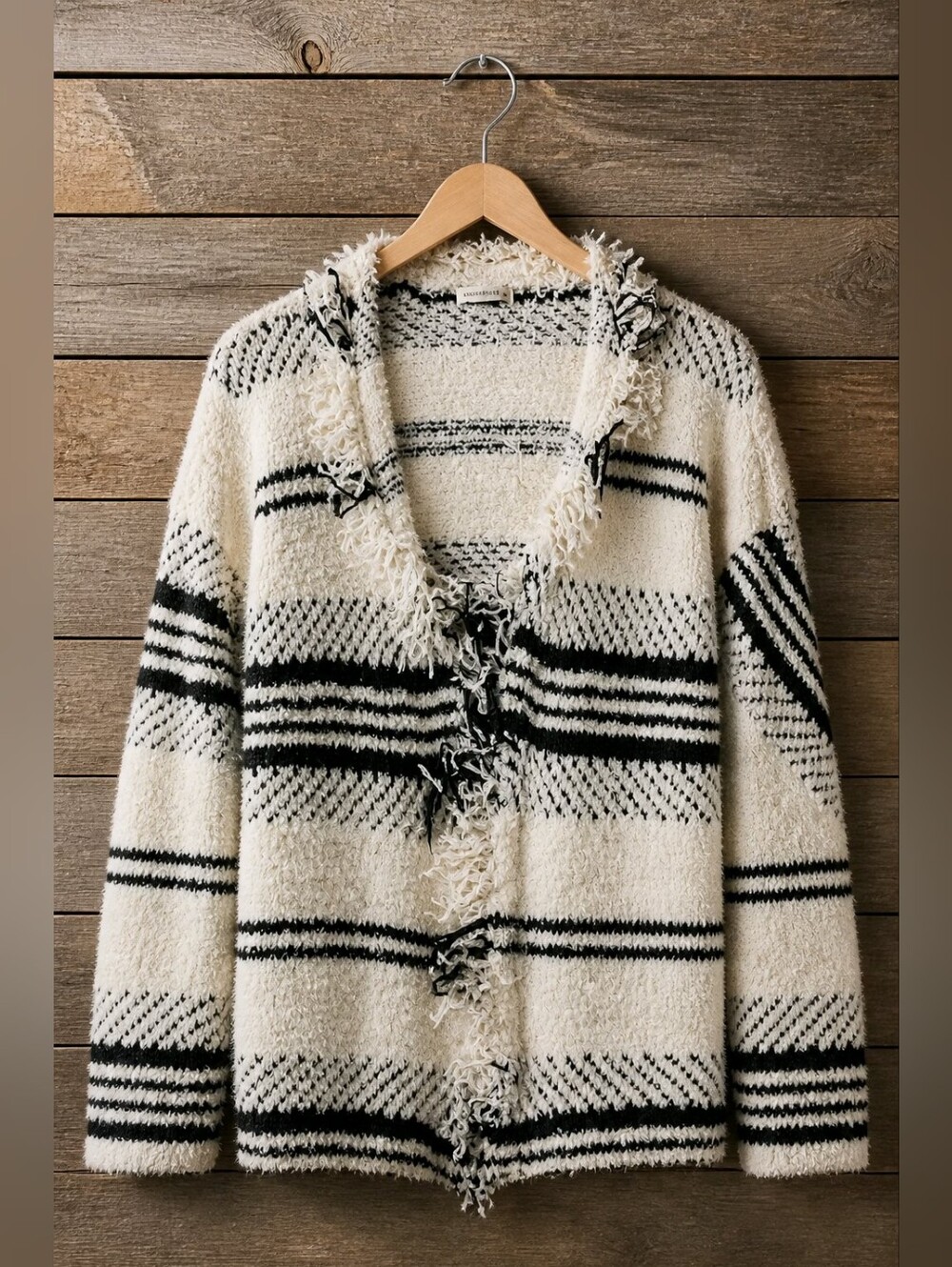 ANDTHEWHY Cozy Striped Fringe Hooded Cardigan Sweater - Cream & Black Softest XS